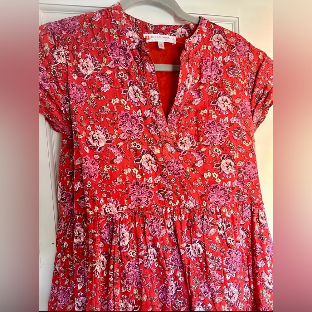 Tuckernuck Jude Connally Red Floral Tiered Mini Dress XS Cotton Voile